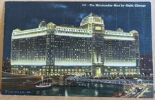 IL Chicago The Merchandise Mart at Night Linen Curt Teich 115 Postcard