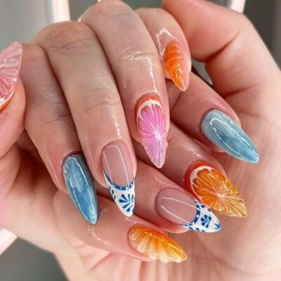 24 Pcs 3D Fruits Press on Nails Short Almond Summer Fake Nails