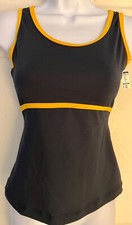 GK DANCE CHEER LADIES SMALL NAVY YELLOW DRY TECH V-NECK PERFORM TOP Sz AS NWT 