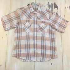 PARSHAD: Vtg 60s-70s Tan Cream Blue Plaid Big Collar S/S Button-up Shirt MENS XL