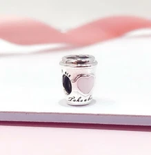 NEW PANDORA 925 Coffee Drink To Go Cup Pink Heart Charm Pendant 797185EN160
