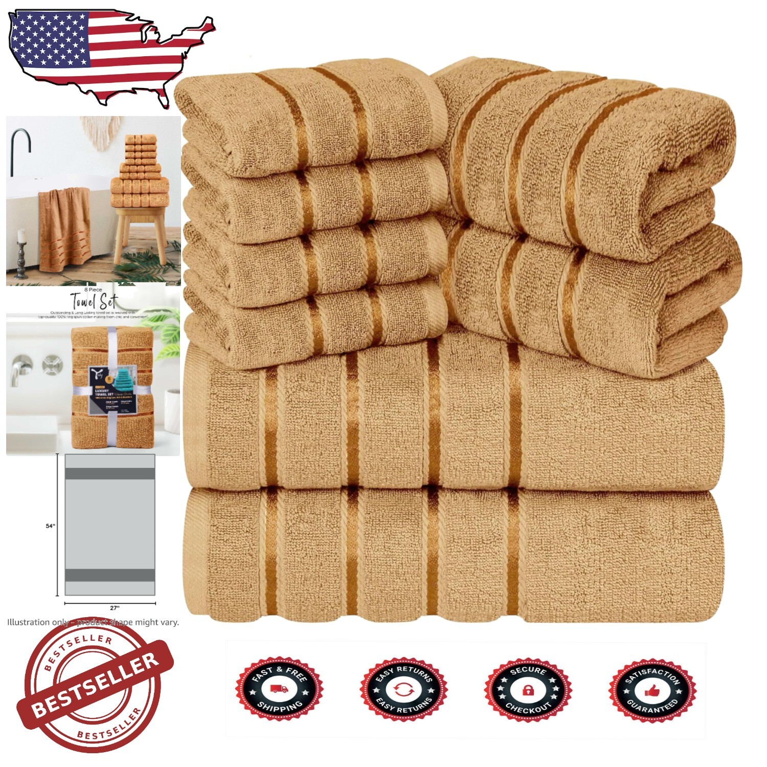 8-Piece Bath Towel Set - 600 GSM Cotton with Elegant Viscose Border