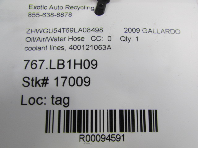Lamborghini Gallardo LP550, 560, 570, Coolant Line/ Hose, Used, P/N 400121063A
