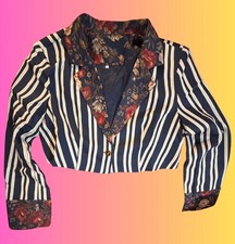 Women  s Cropped Style Blazer/Suit Jacket Size Large Blue/Cream Striped w/Floras