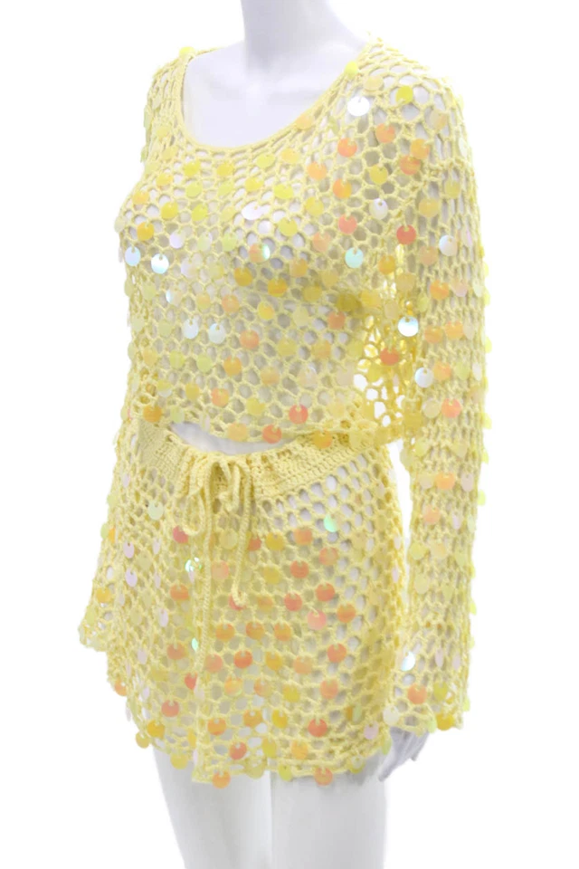 Conjunto de top corto Superdown con lentejuelas amarillo talla L para mujer Foto 2 de 4