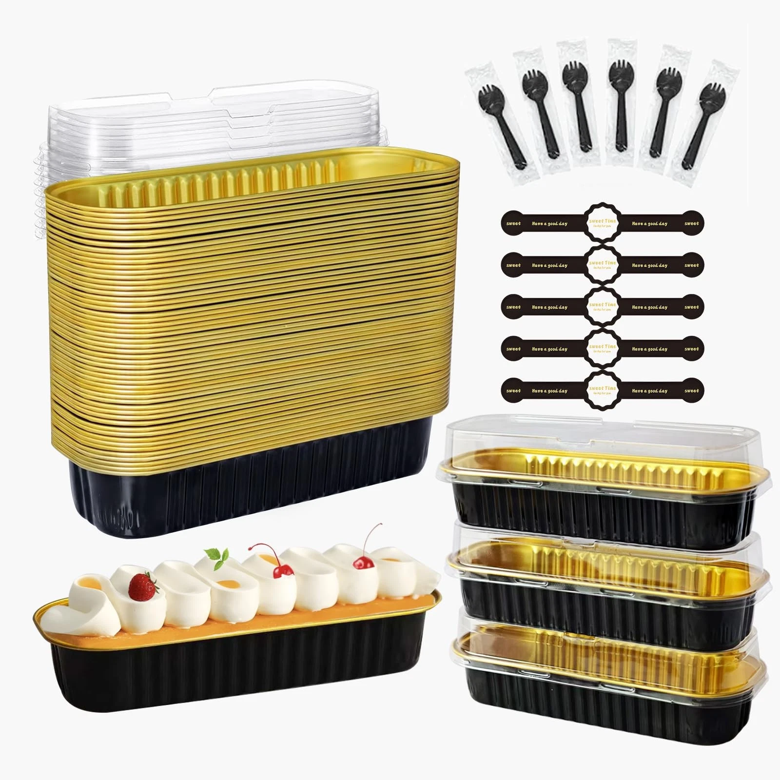OBXMLFY 100-Pack 6.8oz Rectangle Mini Cake Pans with Lids & Spoons - Disposable