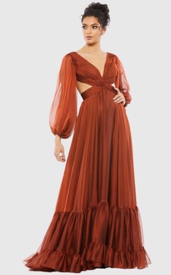 Mac Duggal Prom  Pleated Chiffon Evening Dress Long Puff Sleeves Cooper 6 NWT