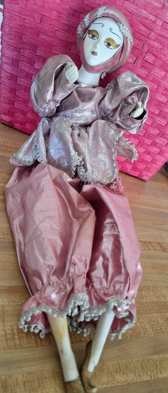 Boudoir Doll Pink Outfit Porcelain Limbs Painted Face  Harlequin Girl Musical
