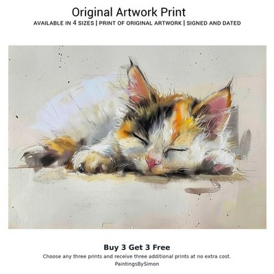 Schlafendes Kätzchen auf mattem Papier | Niedliche Katze Wandkunst | Kaufen Sie 3 und erhalten Sie 3 gratis