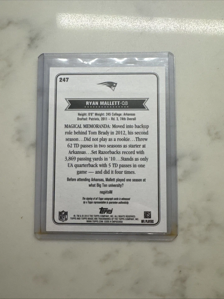 2012 Topps Magic Ryan Mallett #247 Auto Patriots Pack Fresh - Image 2 of 2