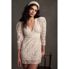 NEW LoveShackFancy Faye Mini Dress Womens 6 White Lace Eyelet Puff Sleeve