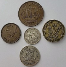 1941 George VI Five coin Set Collection - Farthing to .500 Silver Sixpence coin