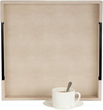 16”x16” Ivory Faux Shagreen Leather Tray, Ottoman Coffee Table Decor