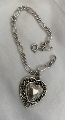 VTG Sterling 925 Heart Charm Figaro Link Bracelet 12gms 1980's Danecraft