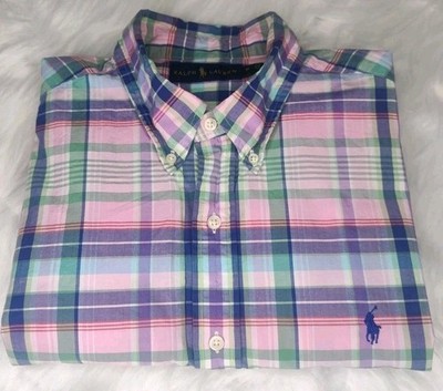 Ralph Lauren Button Down Shirt Mens XL Pink Blue Plaid Cotton Long Sleeve Pony