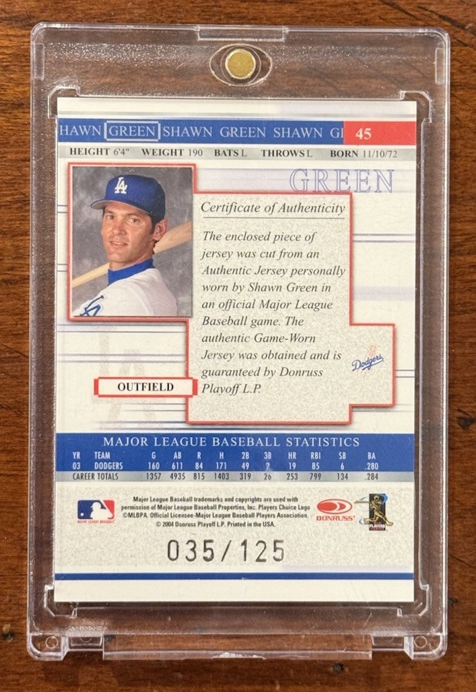 SHAWN GREEN 2004 DONRUSS TIMELINES GAME USED JERSEY PATCH /125 DODGERS view 2