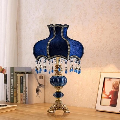 Victorian Style Table Lamp Elegant Dark Blue Fabric Accent Lamp w/Beaded Fringe