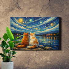 Pair of Cats Night Sky View Framed Canvas Wall Art Decor 30x20inch