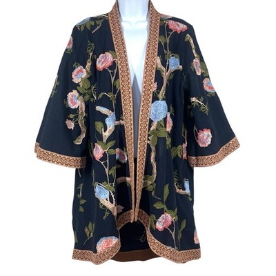 Tolani Colorful Floral Embroidered Kimono Size M/L 100% Cotton Chic Boho Artsy