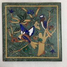 12" Pierre Précieuse Verte En Marbre Incrustation Pietra Dura Artisanale