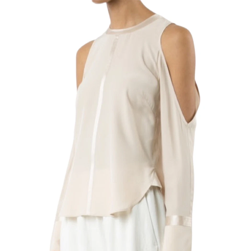 Elizabeth And James Nude Beige Cold Shoulder 100% Silk Top Blouse Size Small - Image 2 of 4