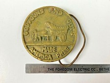 Vintage USA Brass Belt Buckle God Guns and Guts Made America Free 2 1/2" Round