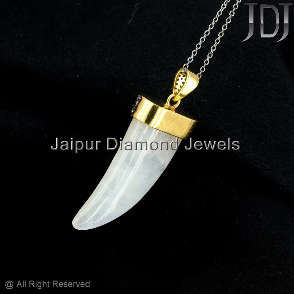 Natural Rainbow Moonstone Gems Pave Diamond 925 Silver Designer Chain Pendant - Image 3 of 4