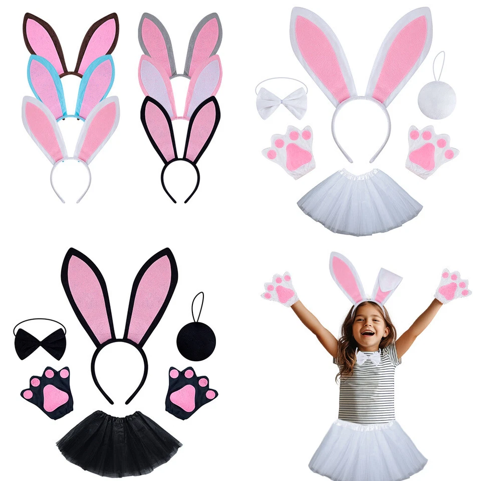 Girls Easter Bunny Costume Set Tutu Skirt Rabbit Bunny Ear Headband Tail Tie Bow - Image 3 of 4