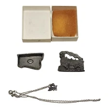 Vintage Torino Pewter Train Jewelry Set Brooch Trinket Box Earrings Necklace