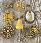 Art Deco Vintage Floral Rhinestone Porcelain Brooch Jewelry Lot Yellow Gold Tone