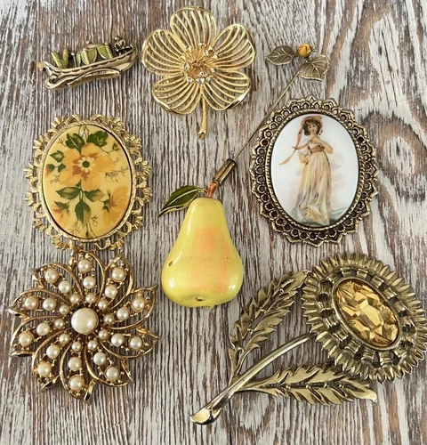 Art Deco Vintage Floral Rhinestone Porcelain Brooch Jewelry Lot Yellow Gold Tone