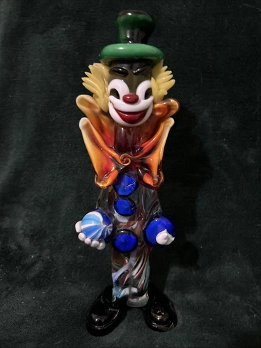 Vtg Murano Glass Clown Holding Ball Figurine Hand Blown 12" Vibrant Green Hat