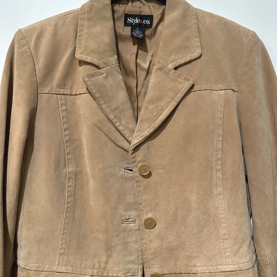 Винтажный стиль и Co женщин желтовато-коричневый кожаный замши Тренч куртка размер M классический - Изображение 3 из 4