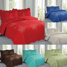 3PC Set Solid Stippling Stitch Embroidery Butterflies Bedspread Bed Quilt/Shams