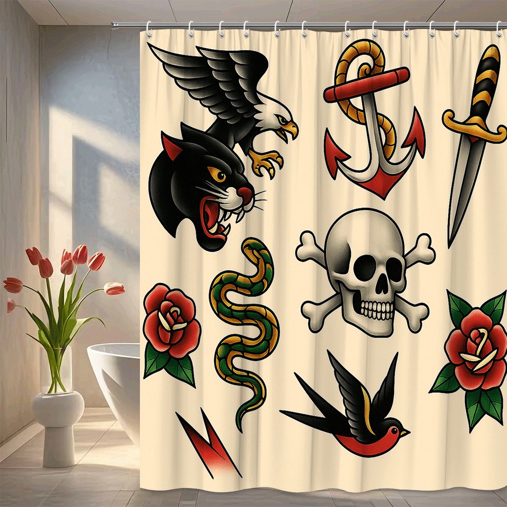 Cortina de Ducha Arte Tatuaje Vintage con Diseño de Calavera y Rosas