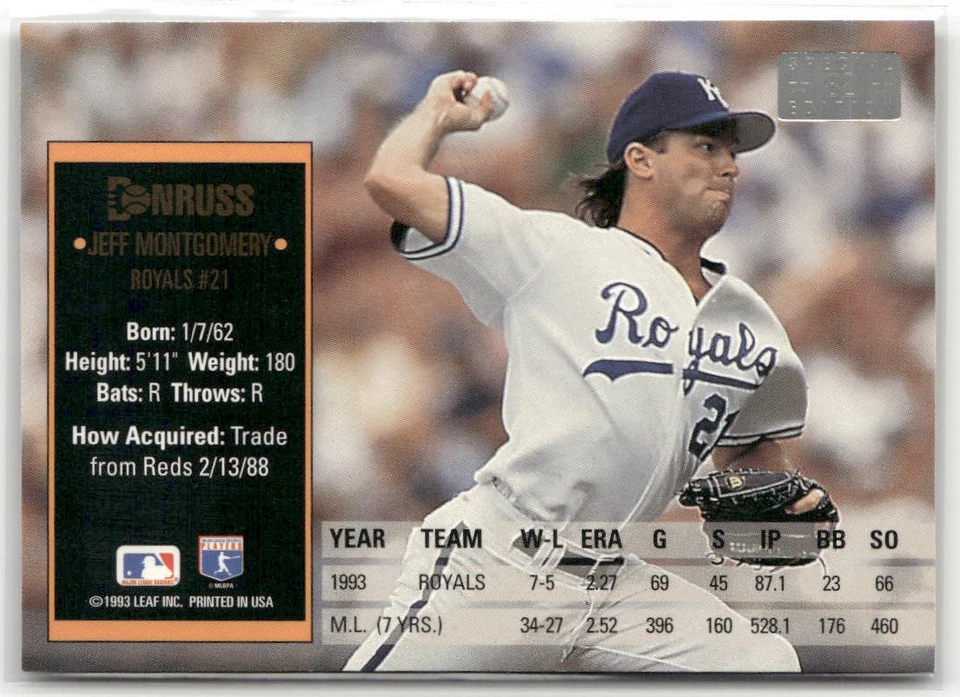 1994 DONRUSS #82 JEFF MONTGOMERY SPECIAL EDITION KANSAS CITY ROYALS - Image 2 of 2
