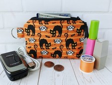 Handmade Keychain Coin Purse ID Holder Card Wallet Halloween Black Cat Boo Gift