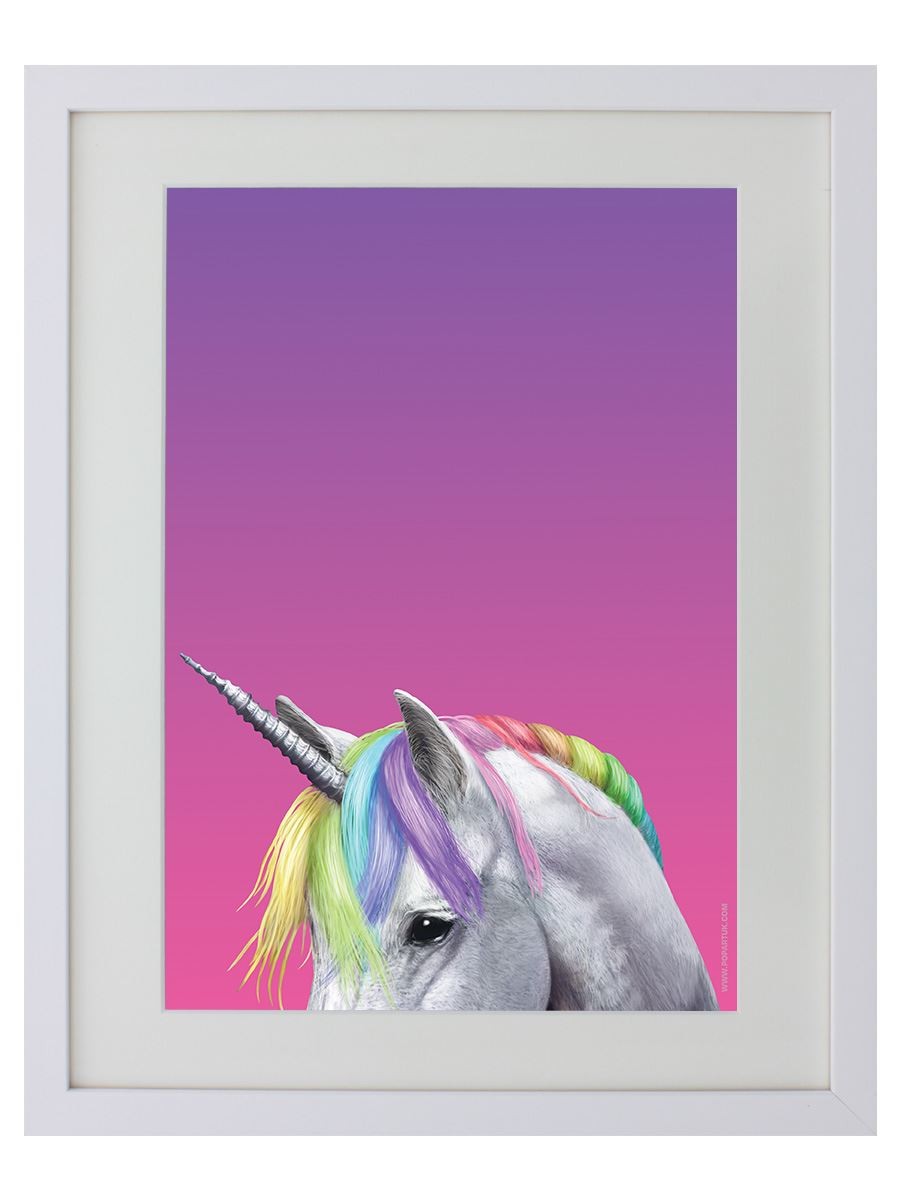 Inquisitive Creatures Rainbow Unicorn White Wooden Framed Poster