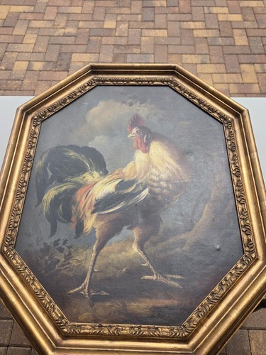 Vintage Antique Original Painting On Canvas Farm Chicken Rooster Scene Signed - Picture 14 of 14