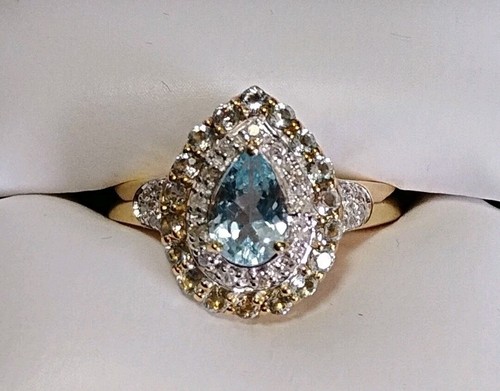 VTG 14k Yellow Gold Danbury Mint Aquamarine Diamond Halo Ring Sz 7 4 Grams