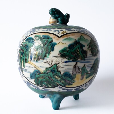 Antique Japanese Kutani Porcelain Globular Tripod Koro Incense Burner Fuku Mark