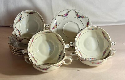 6 Victoria Czechoslovakia Floral Garland Cream Soup Bowls With Liners ...