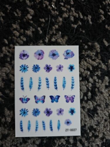 NailArt Nagel Sticker Selbstklebend Blau Blumen Feder Schmetterling Unbenutzt - Bild 1 von 1