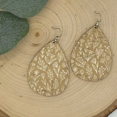 Cork on Genuine Leather Tan Floral Teardrop Lightweight Earrings  - Image 1 of 4