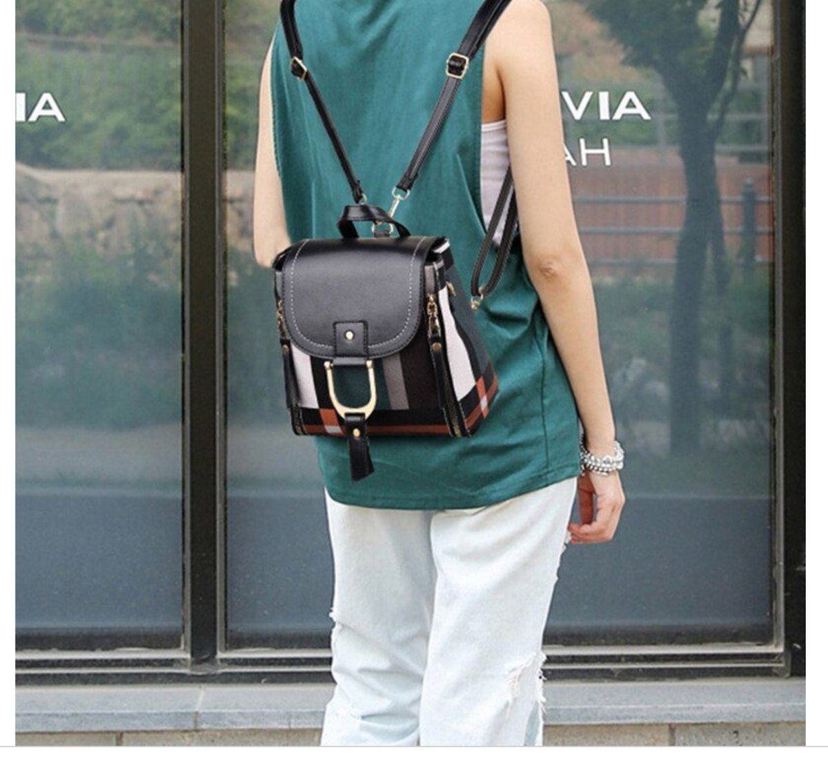 Convertible Strap Backpack BLACK Flap Cover Plaid Leather 