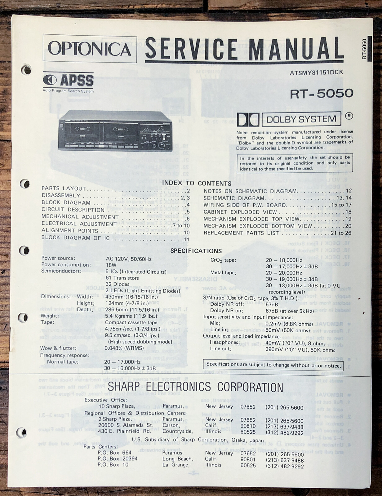 Sharp / Optonica RT-5050 Cassette  Service Manual *Original*