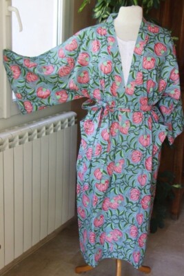 Indian Cotton Robe Long Kimono Sleepwear Grey Floral Printed Night Suit Kimono