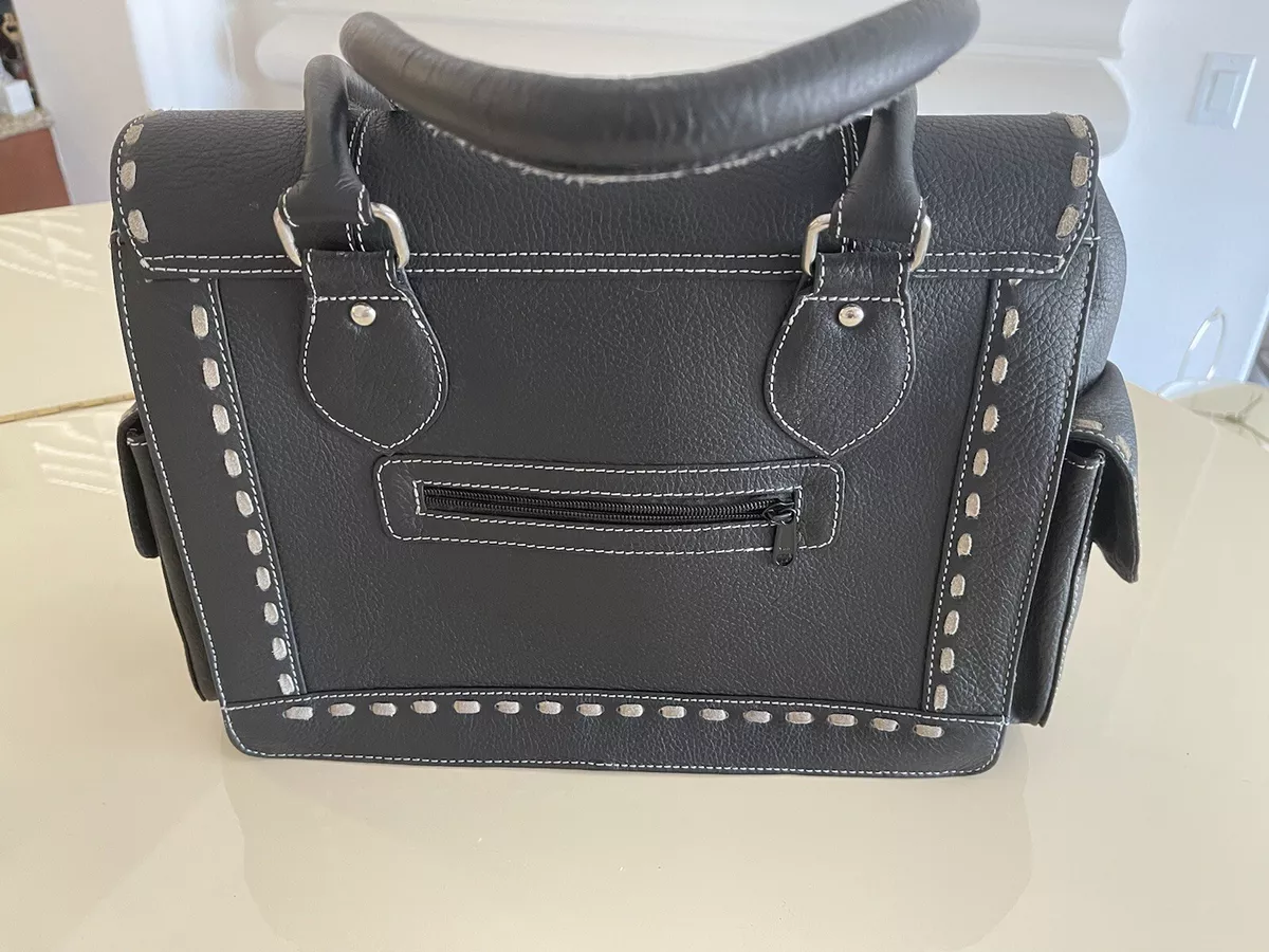 Vintage Addiction Black Leather Handbag With Stitching Beading Design