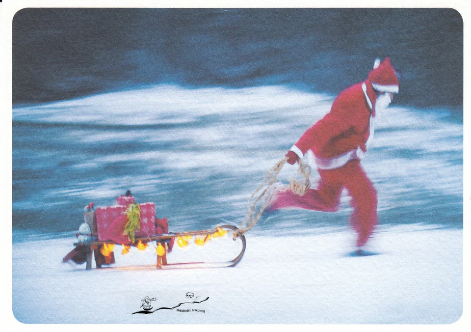 MARKENLOS Weihnachtskarte: eilender Weihnachtsmann mit Geschenken auf dem Schlitten