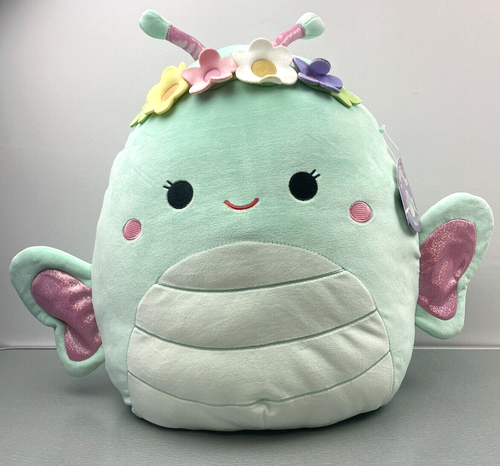 SQUISHMALLOWS 16"" REINA FARFALLA VERDE PESCE CON CORONA DI FIORI PELUCHE GRANDE - Foto 4 di 13